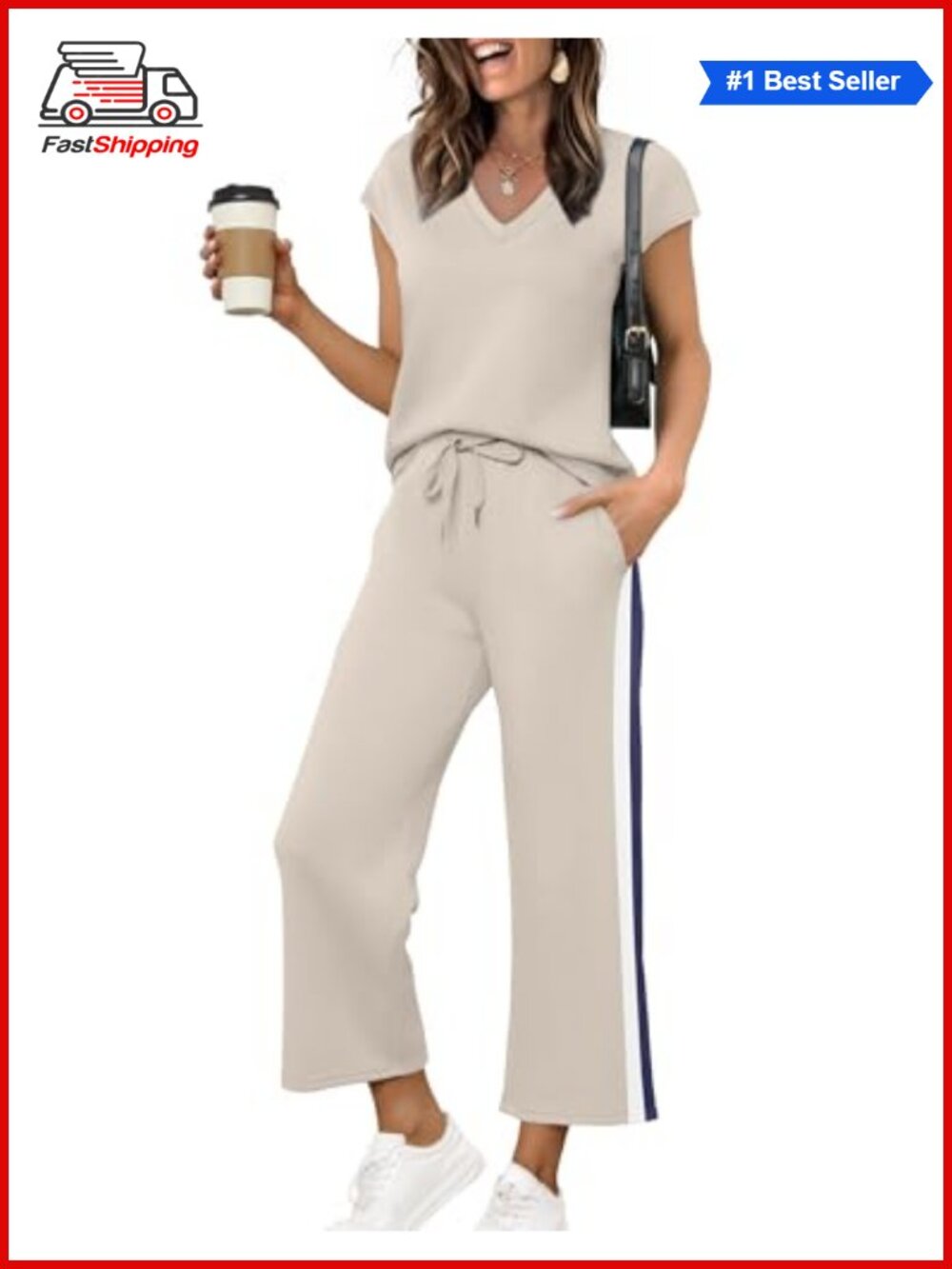 ✨Saloogoe Two Piece Set Womens Summer Lounge Travel Outfit V Neck Top Wide Leg